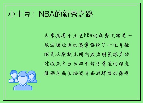 小土豆：NBA的新秀之路
